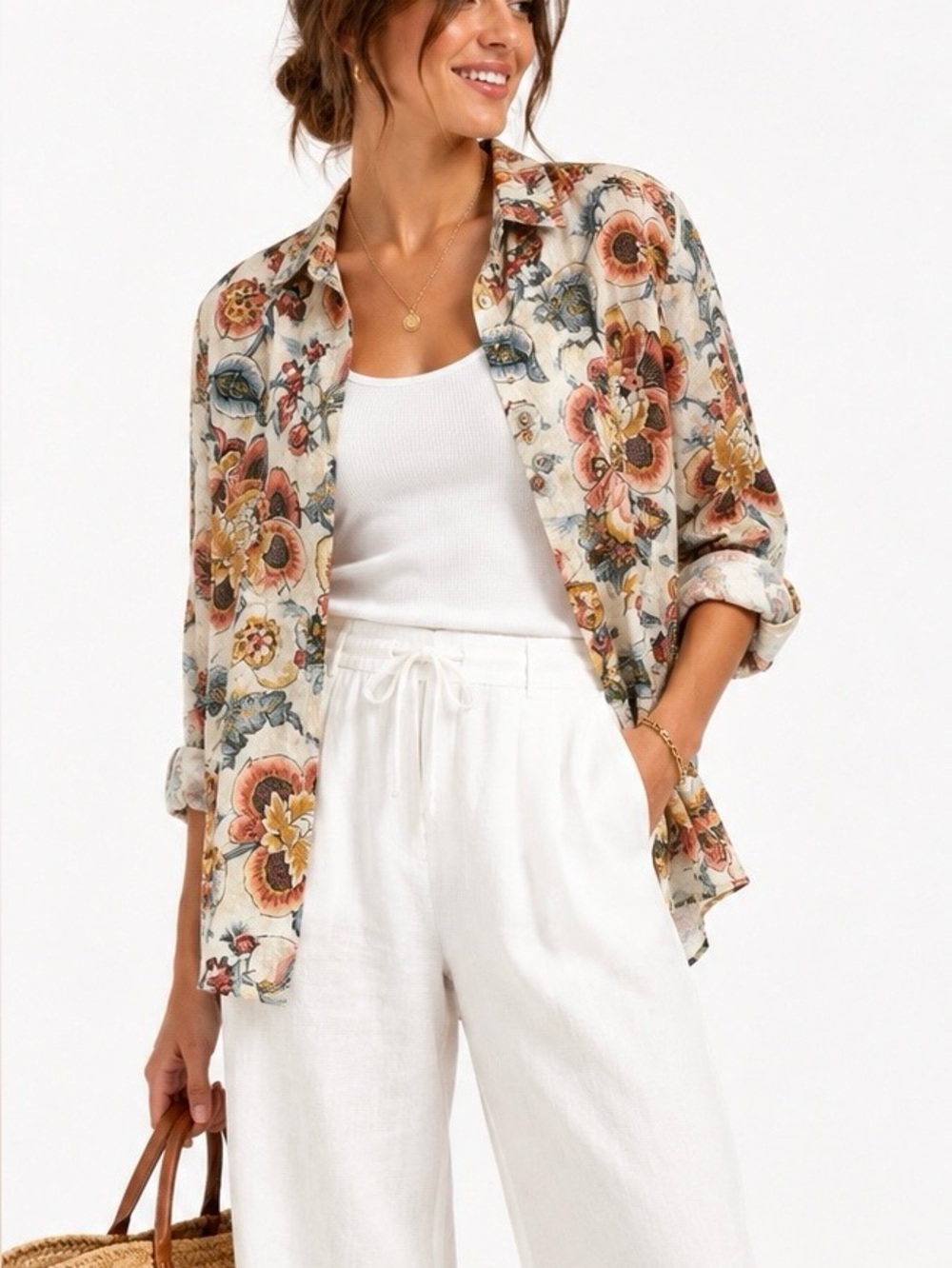 Cino Brighton Mix Cotton Crinkle Floral Boho Button Down Shirt Roll Tab Large